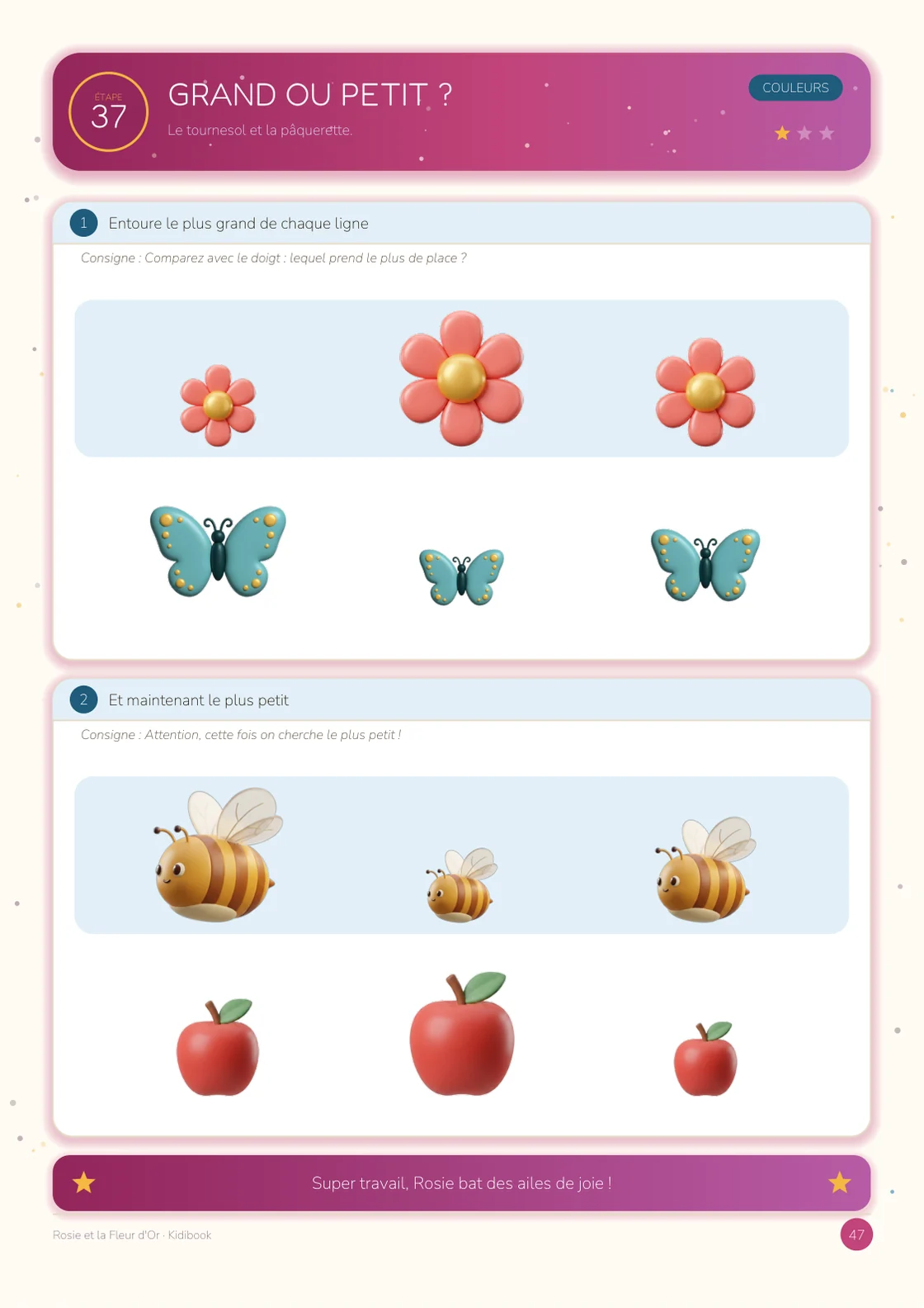 Rosie et la Fleur d'Or — grand ou petit, exercice illustré