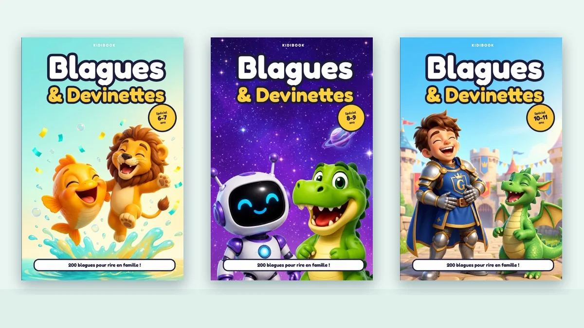 Les trois recueils Blagues et Devinettes Kidibook : Plouf et Léo pour les 6-7 ans, Astro et Rex pour les 8-9 ans, Gauvain pour les 10-11 ans