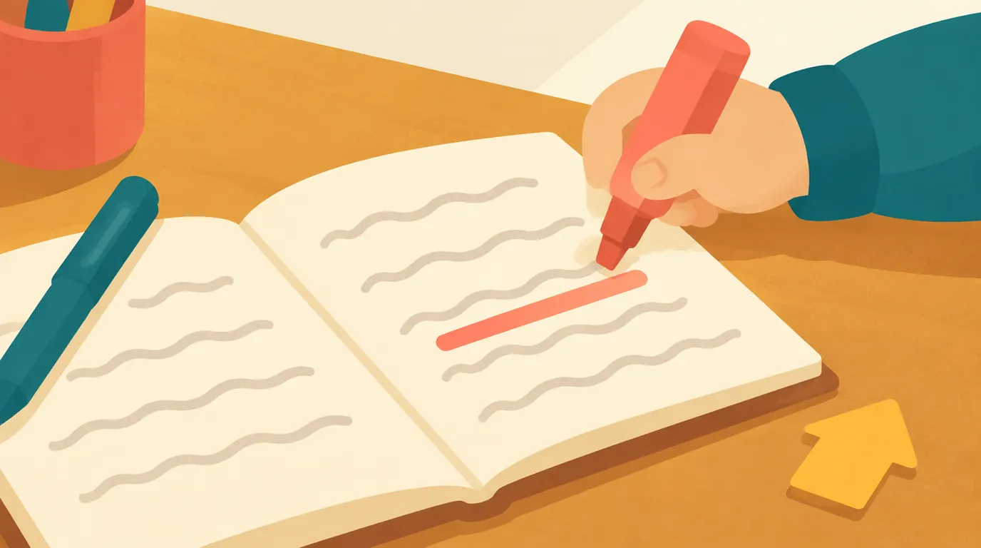 Gros plan sur un cahier ouvert : un surligneur corail souligne une ligne, à côté d'un stylo bleu et d'un petit repère en forme de flèche