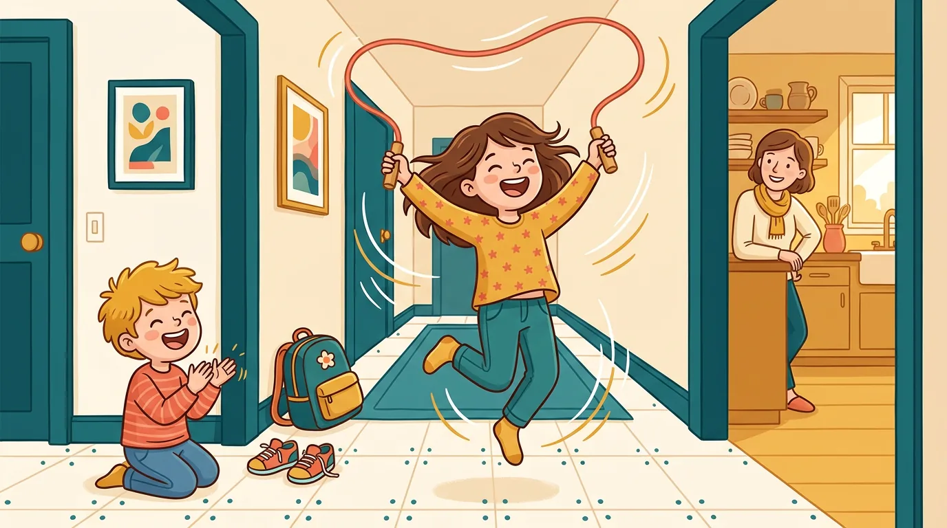 Une enfant saute à la corde dans le couloir de la maison, le cartable posé au pied du mur, pendant que son petit frère l'encourage