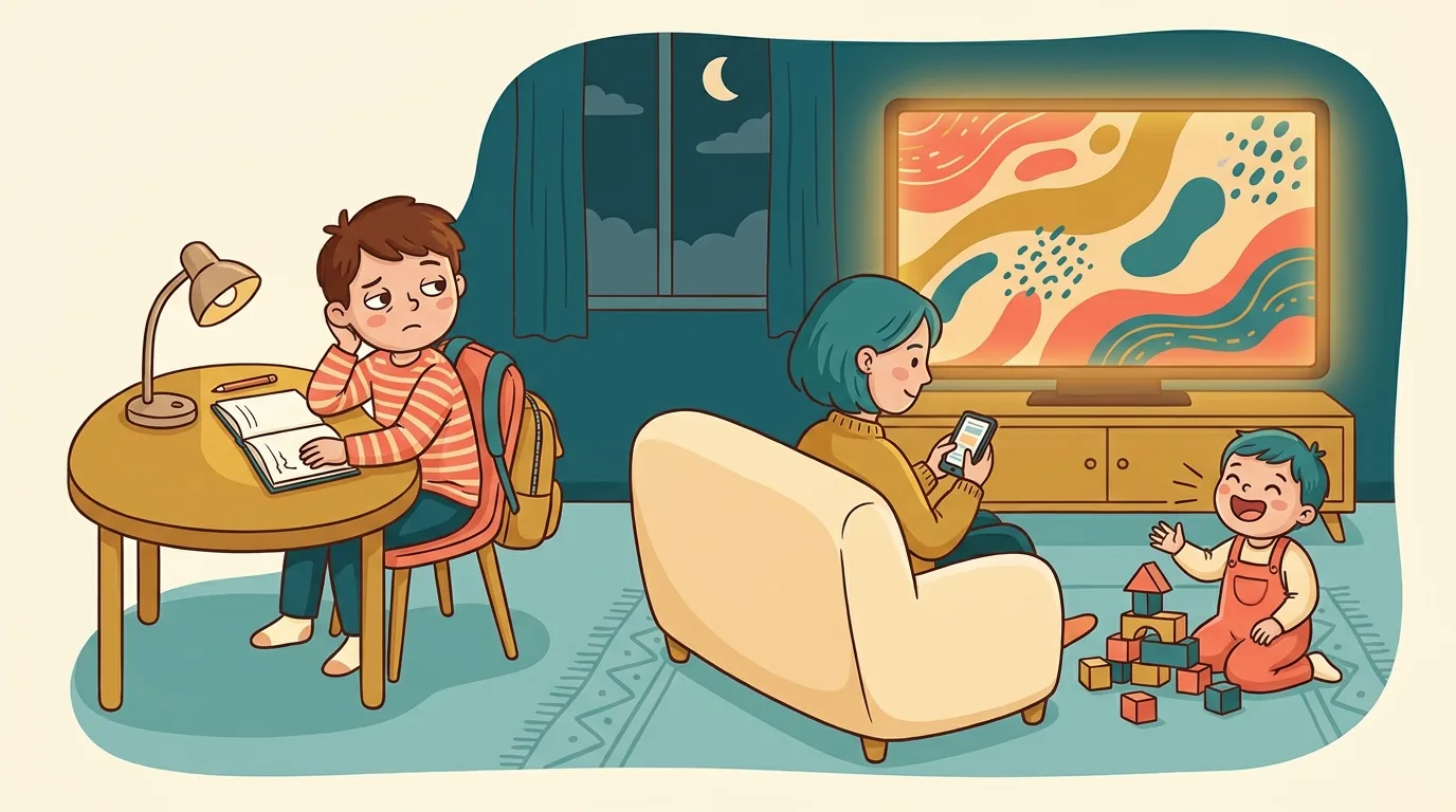 Un enfant essaie de travailler à un petit bureau dans un salon où la télévision est allumée, un parent consulte son téléphone et un plus jeune enfant joue bruyamment