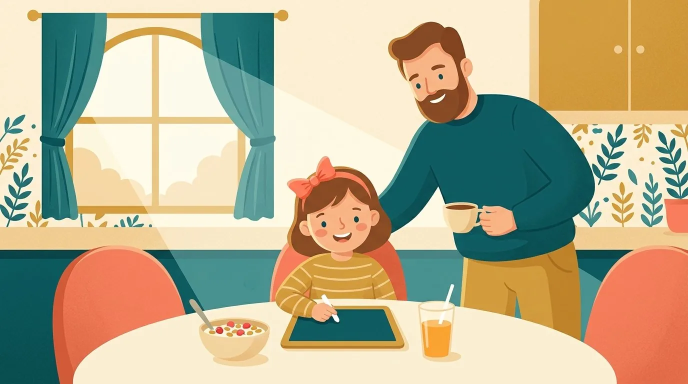 Un père dicte trois mots à sa fille pendant le petit-déjeuner, elle écrit sur une petite ardoise