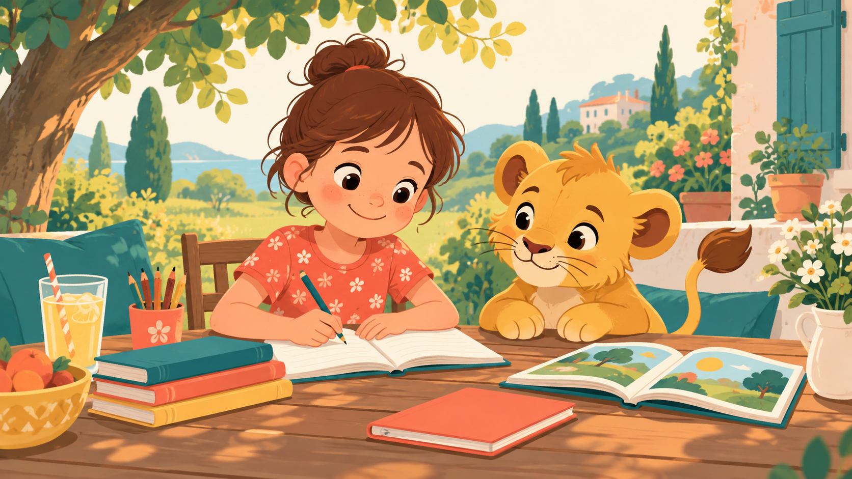 Enfant de CE1 travaillant dans un jardin avec un lionceau