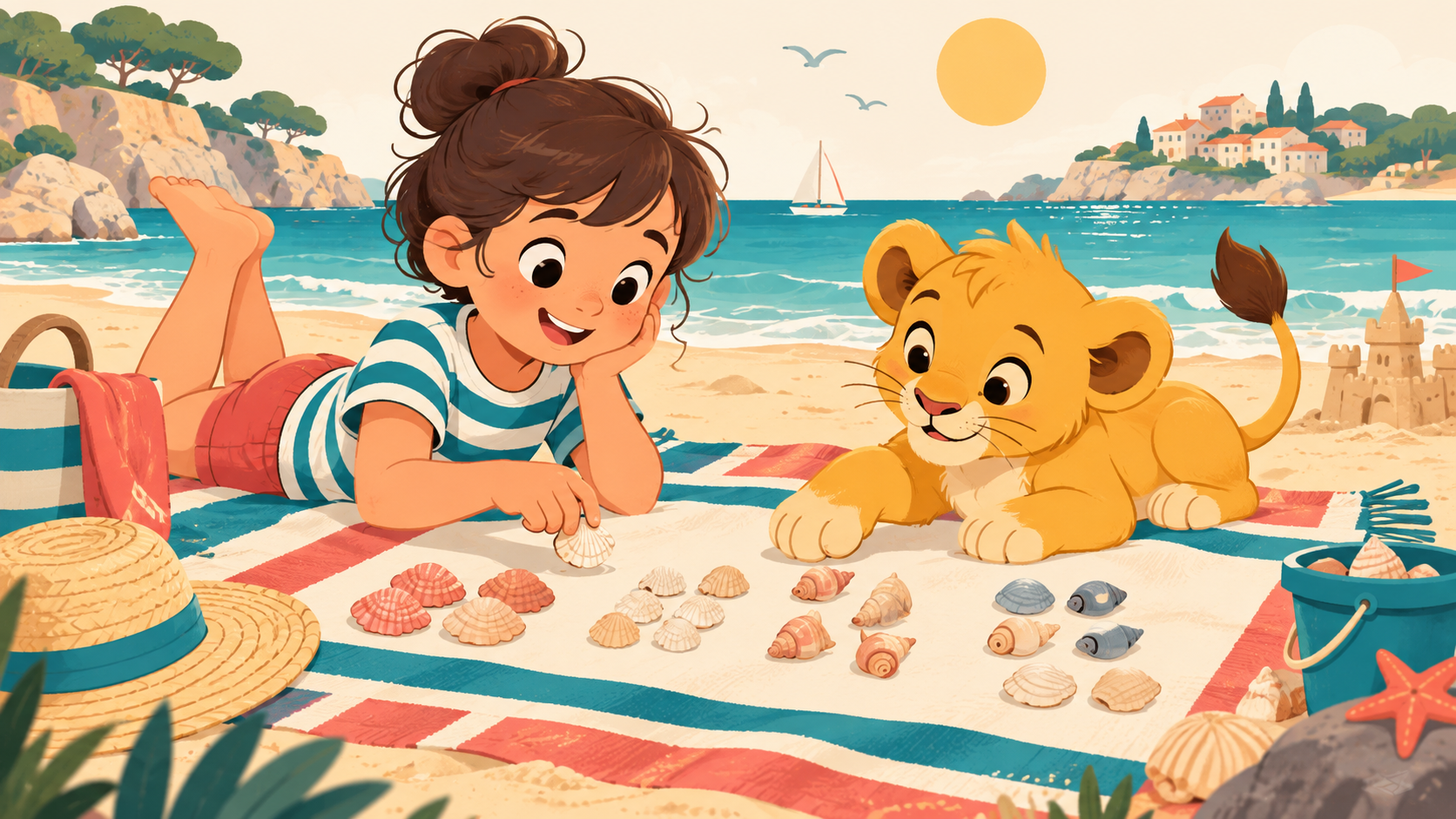 Enfant et lionceau jouant avec des coquillages sur la plage