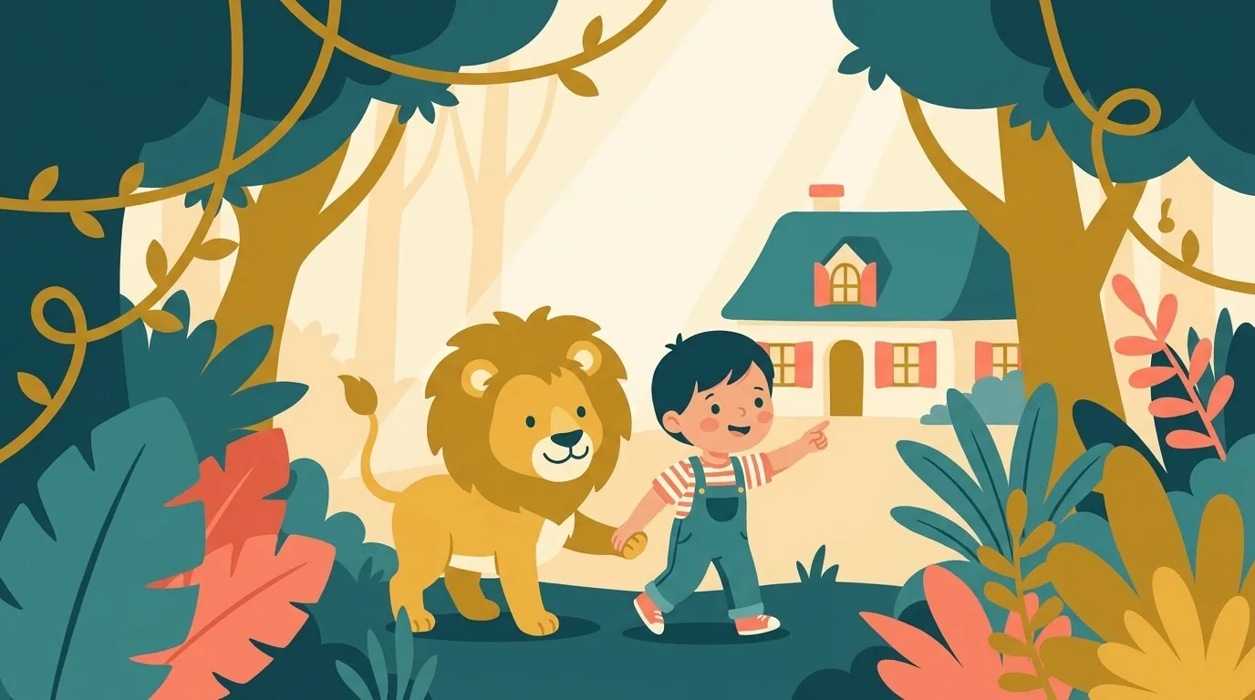 Léo le lionceau guide un enfant dans une expédition dans la jungle, le monde du CE1 chez Kidibook