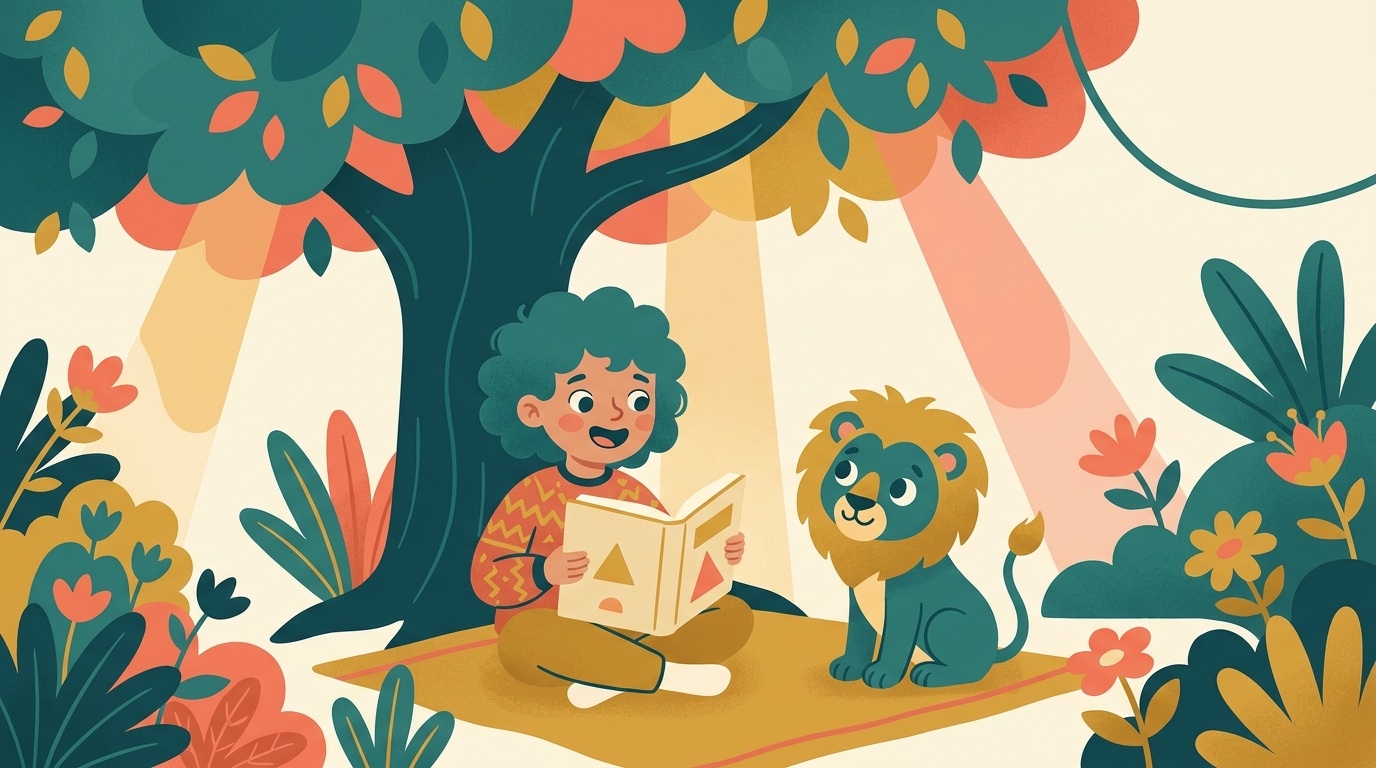 Illustration: a CE1 child reading aloud under a tree with Leo the lion cub