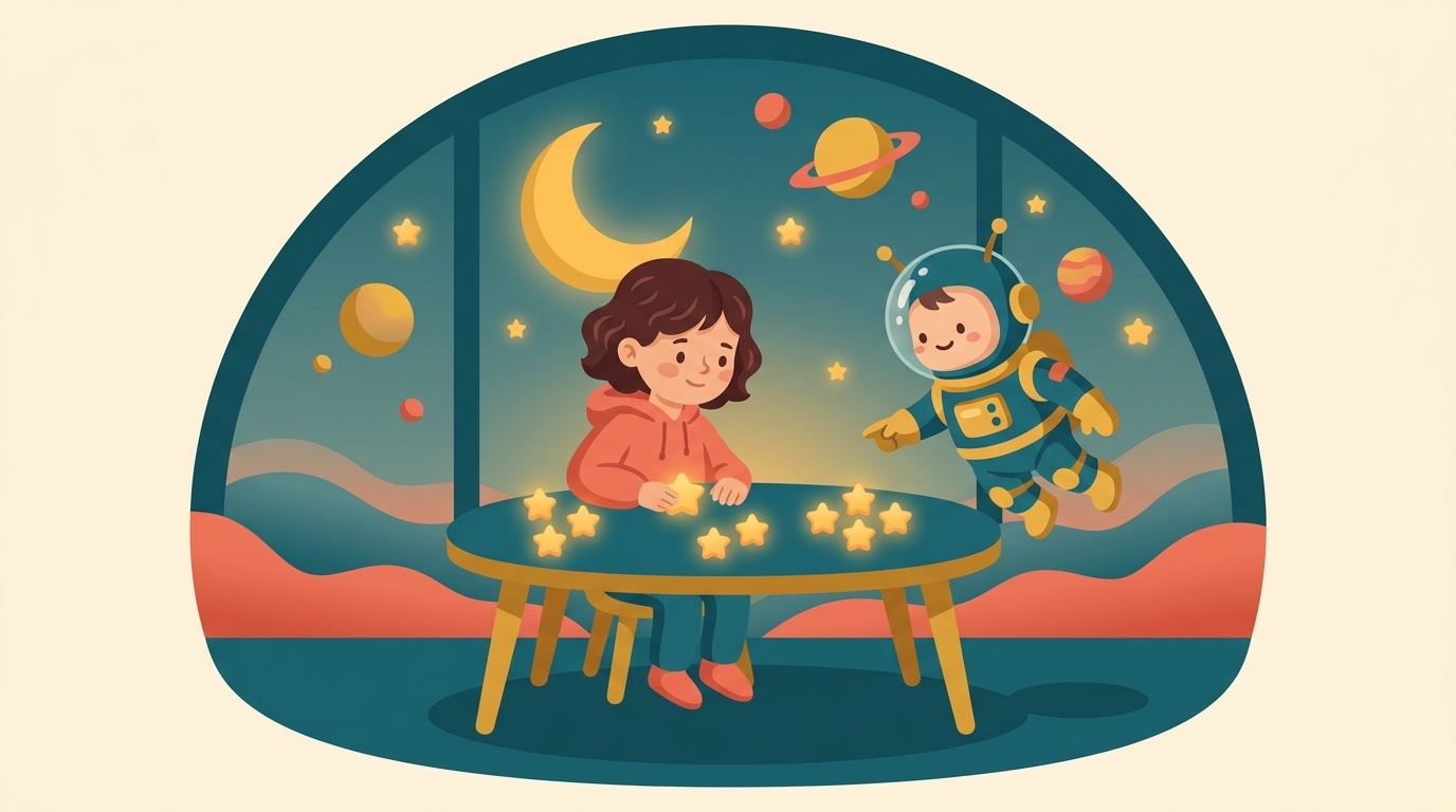 Illustration: Ein Kind der CE2 sortiert Sterne in gleiche Gruppen mit Astro dem kleinen Astronauten