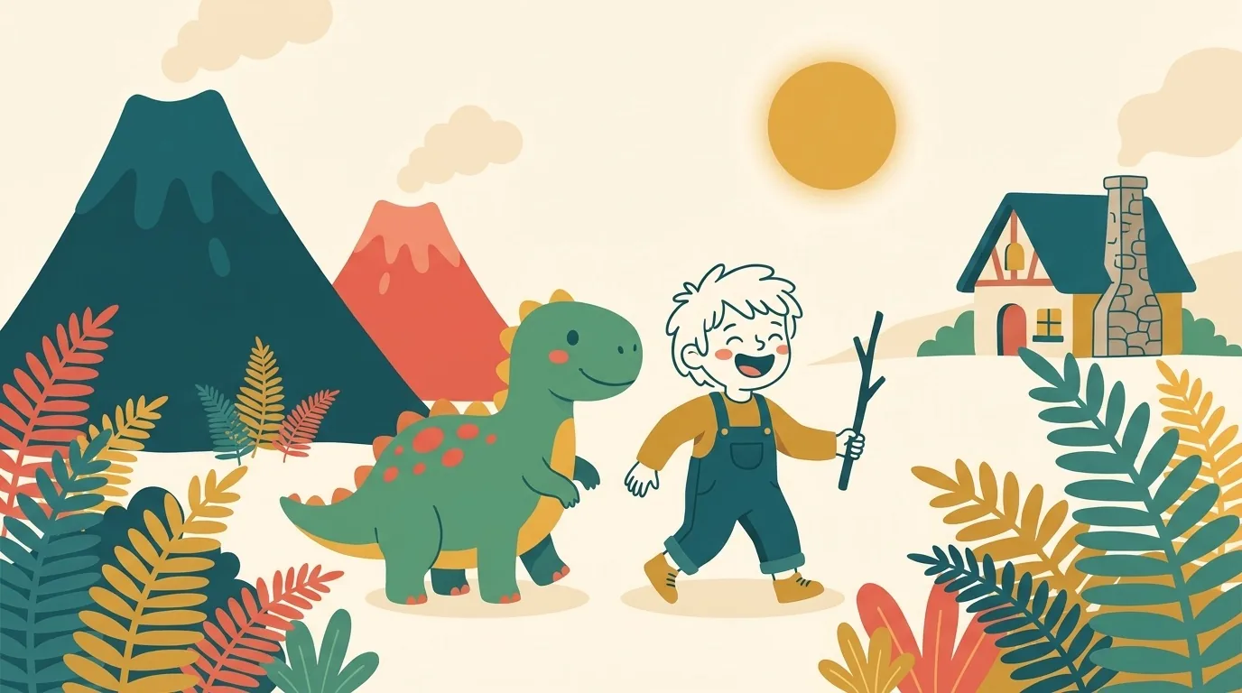 Rex le dinosaure accompagne un enfant dans un monde préhistorique, le monde des Dinosaures chez Kidibook