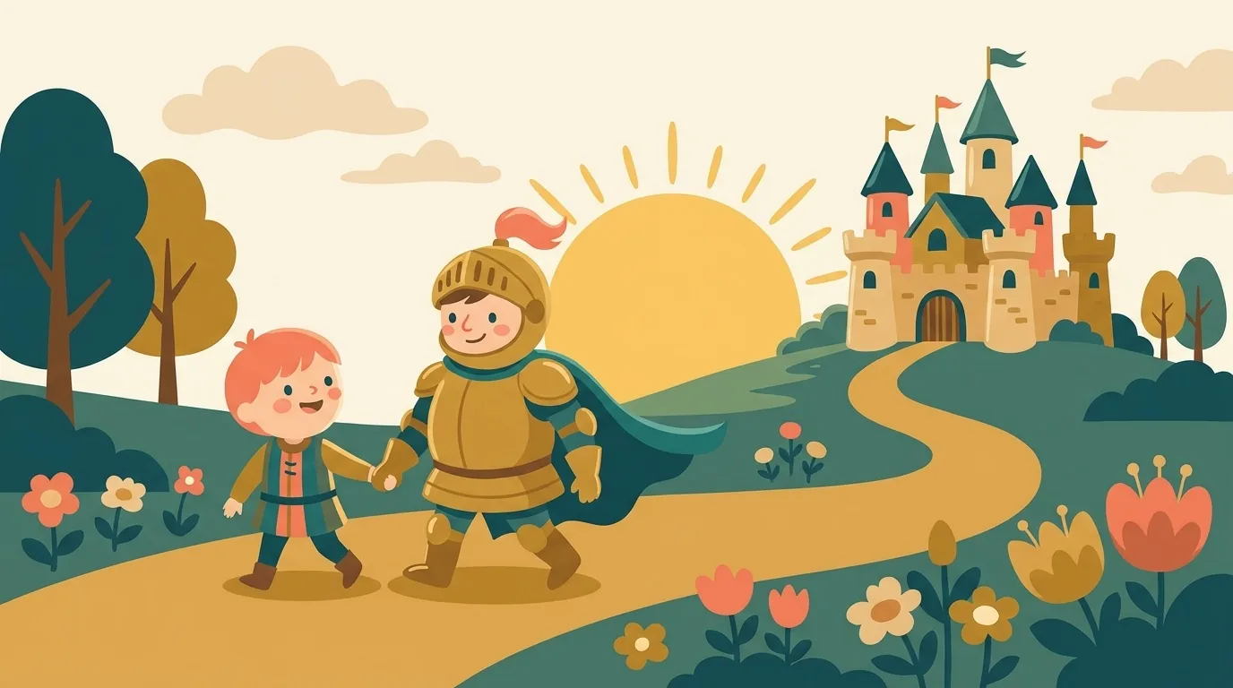 Gauvain le chevalier accompagne un enfant vers un château au lever du soleil, la dernière quête du monde Château chez Kidibook