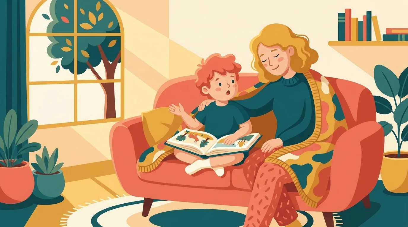 Un enfant lit un album à voix haute au parent, cinq minutes par jour pour entretenir la lecture