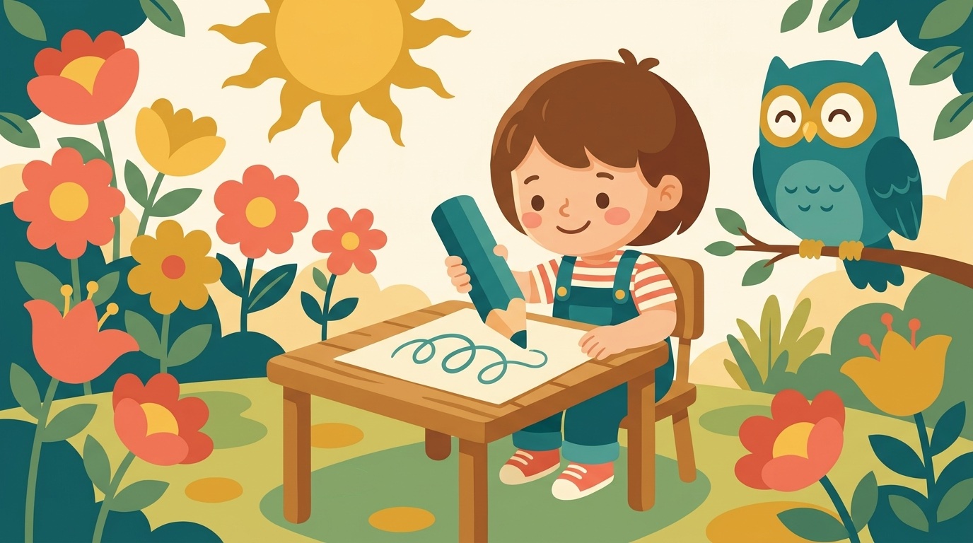 Illustration: a child in kindergarten tracing loops with a pencil under the watchful eye of Bibou the owl
