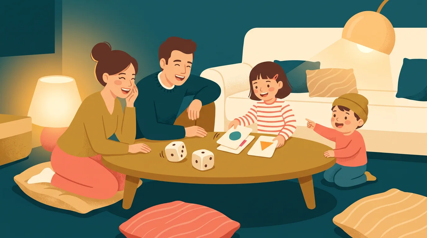 Une famille joue aux cartes et aux dés sur la table du salon pour s'entraîner au calcul mental