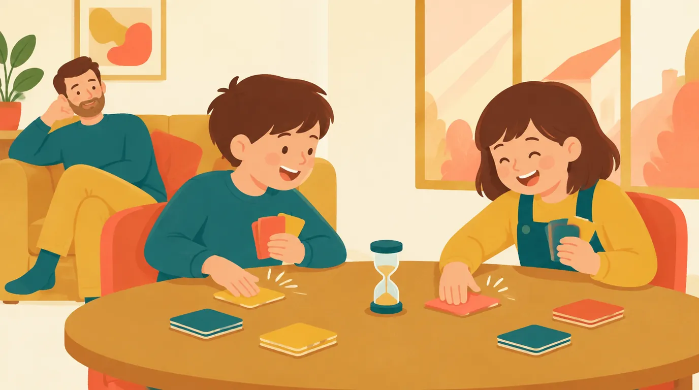 Un frère et une sœur jouent à un jeu de rapidité avec des cartes et un sablier sur la table de la cuisine, pendant que leur père les regarde depuis le canapé
