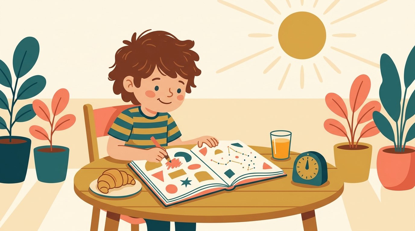A child does a page of their holiday workbook at breakfast on the terrace
