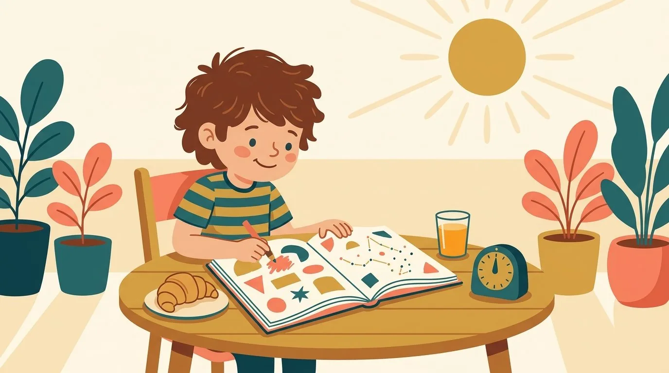 Un enfant fait une page de son cahier de vacances au petit-déjeuner sur la terrasse