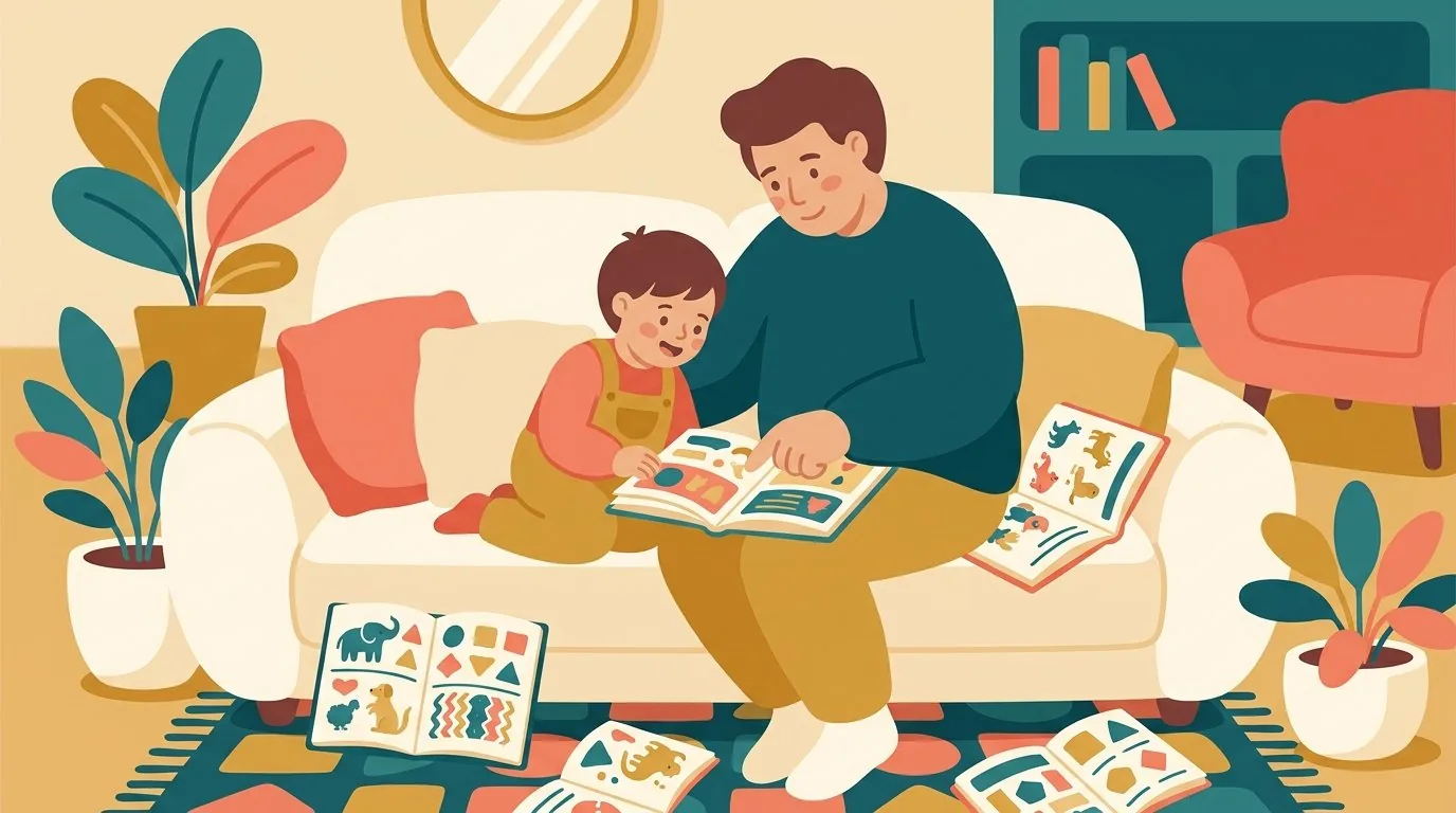 Un parent et son enfant comparent plusieurs cahiers de vacances sur le canapé