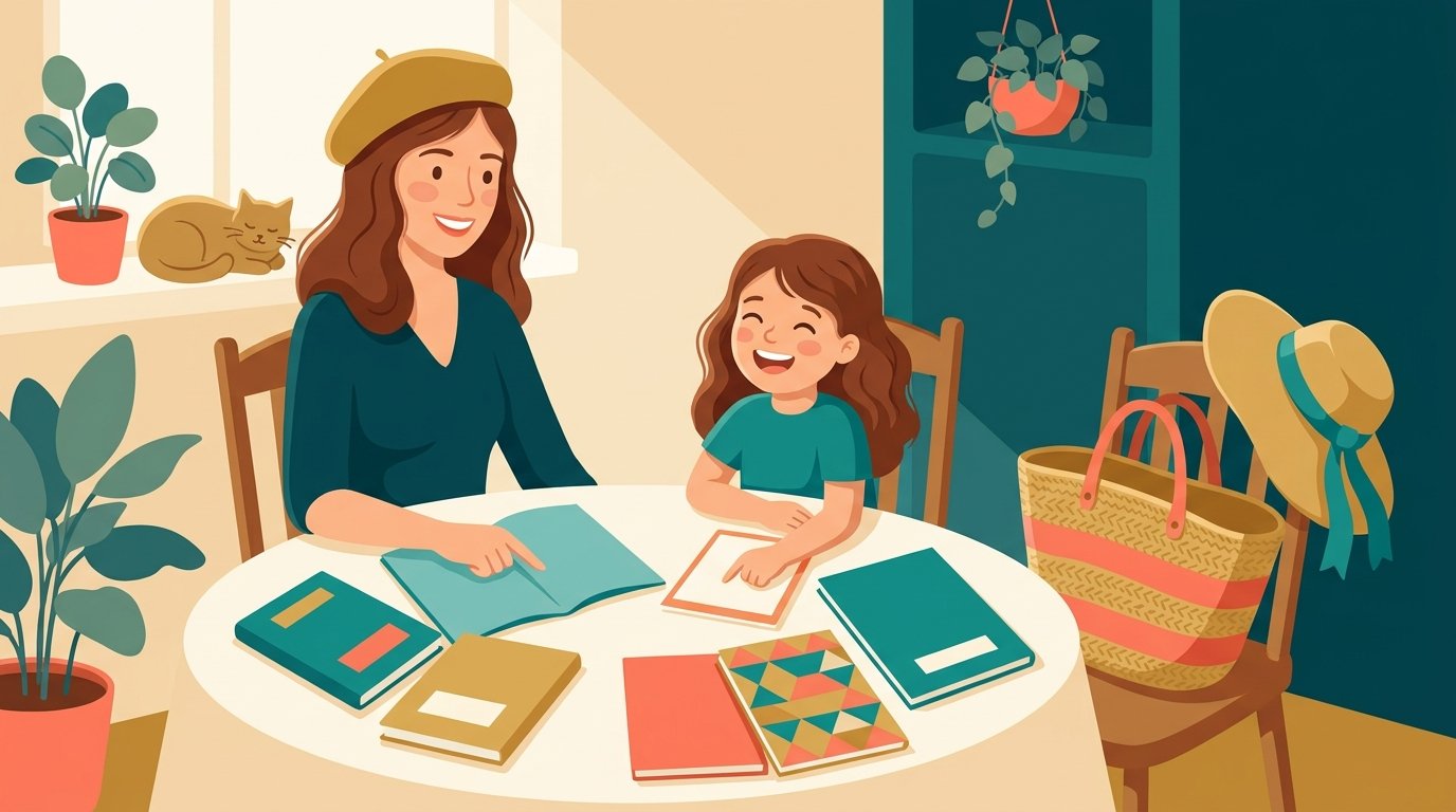 A mother and her child choose a colorful holiday workbook together at the kitchen table