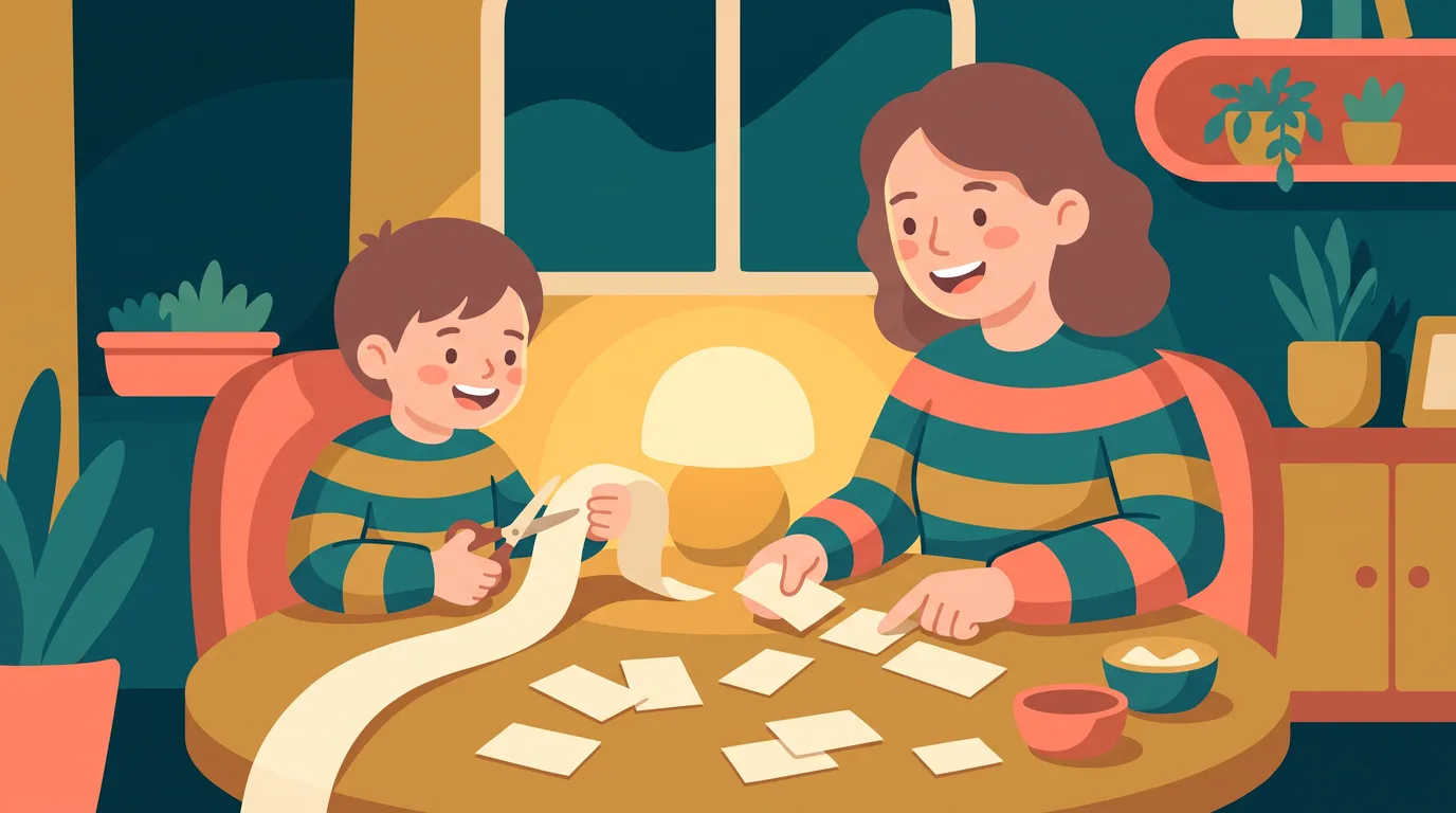 Un parent et son enfant découpent une phrase en étiquettes de papier sur la table du salon pour repérer les compléments circonstanciels