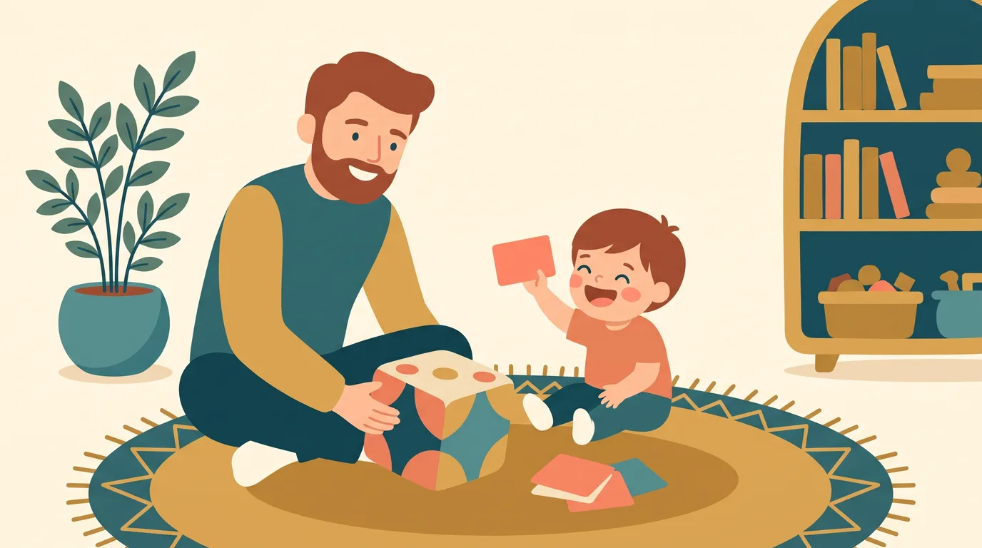 Un papa et son enfant jouent avec un gros dé et des cartes sur un tapis