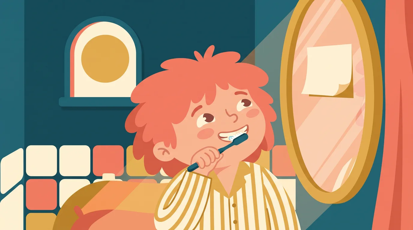 Un enfant se brosse les dents en regardant un post-it collé sur le miroir