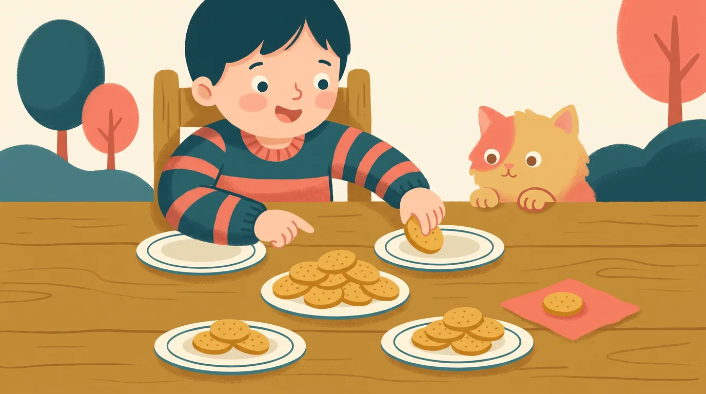 Un enfant partage des biscuits de façon égale dans quatre assiettes, un biscuit restant posé à part sur une serviette