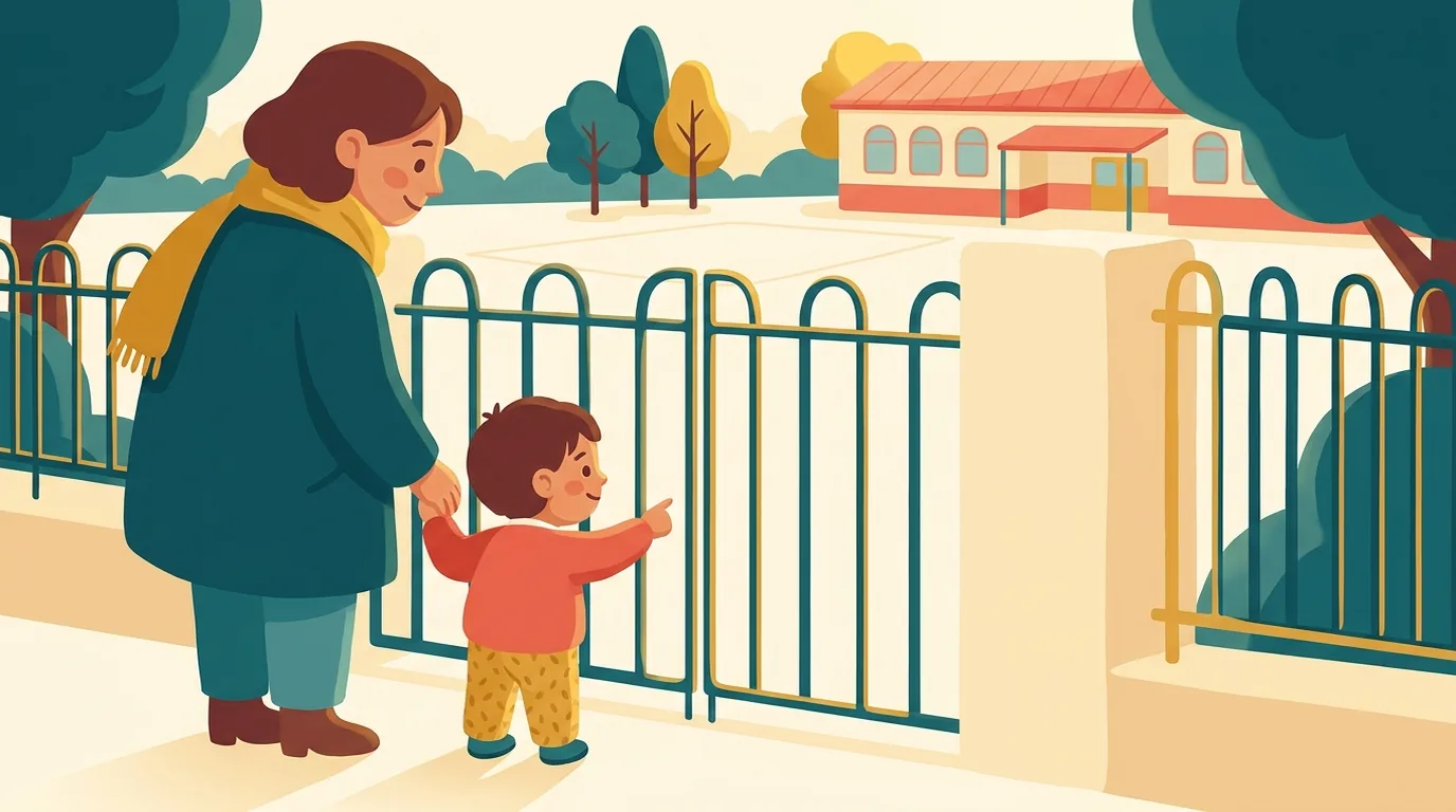 Un parent et son enfant regardent ensemble la cour de récréation à travers la grille de l'école, un matin de fin d'été