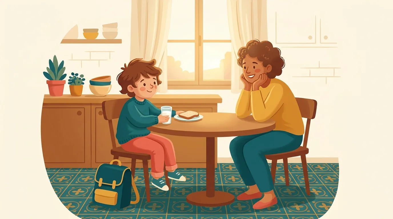 Un enfant goûte à la table de la cuisine, cartable posé par terre, pendant que son parent l'écoute en souriant