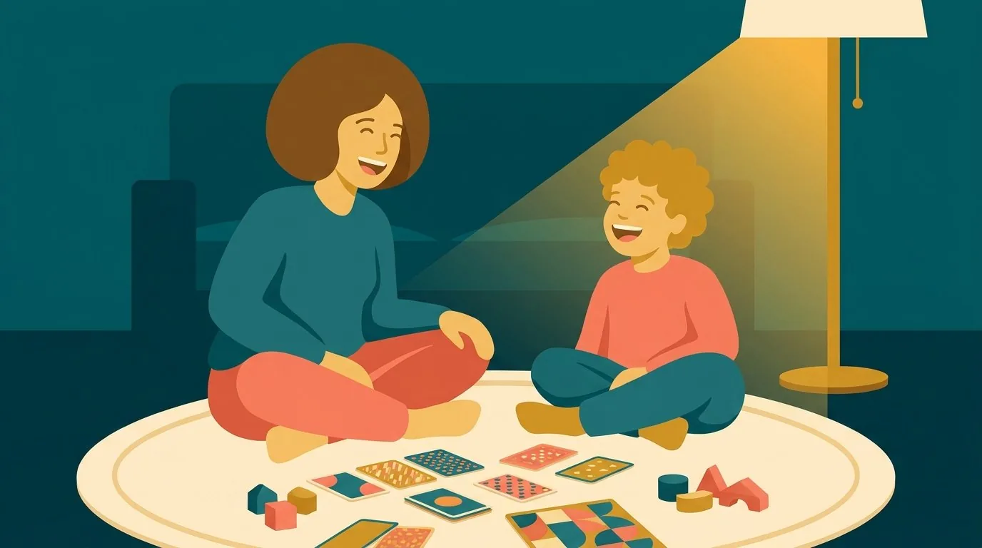 Un parent et son enfant rient en jouant à un jeu éducatif au salon