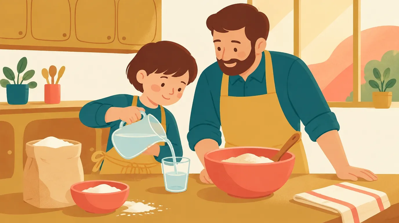 Un garçon verse de l'eau dans un verre doseur en cuisinant avec son père, avec de la farine et un saladier sur le plan de travail