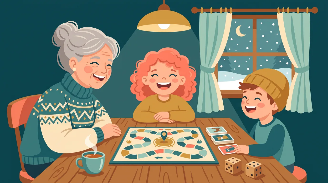 Une grand-mère et deux enfants rient autour d'un jeu de société sur la table de la cuisine