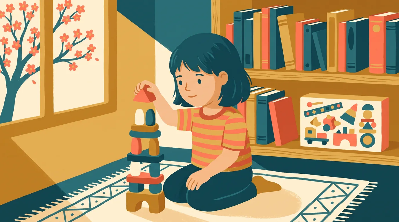 Une fillette construit une tour de blocs en bois sur un tapis, au printemps, devant une étagère de livres