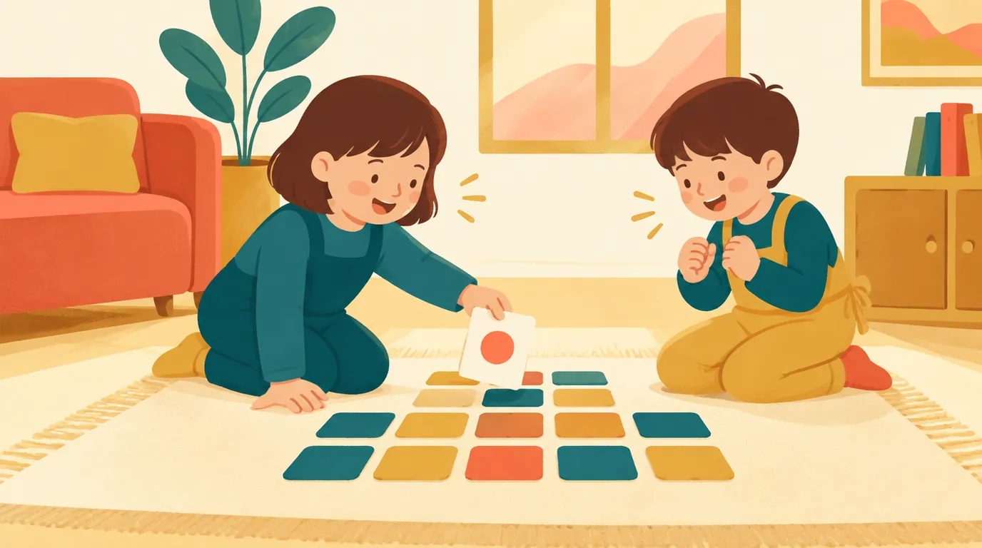 Zwei Kinder sitzen auf dem Teppich und spielen ein Memory-Spiel mit bunten, verdeckten Karten