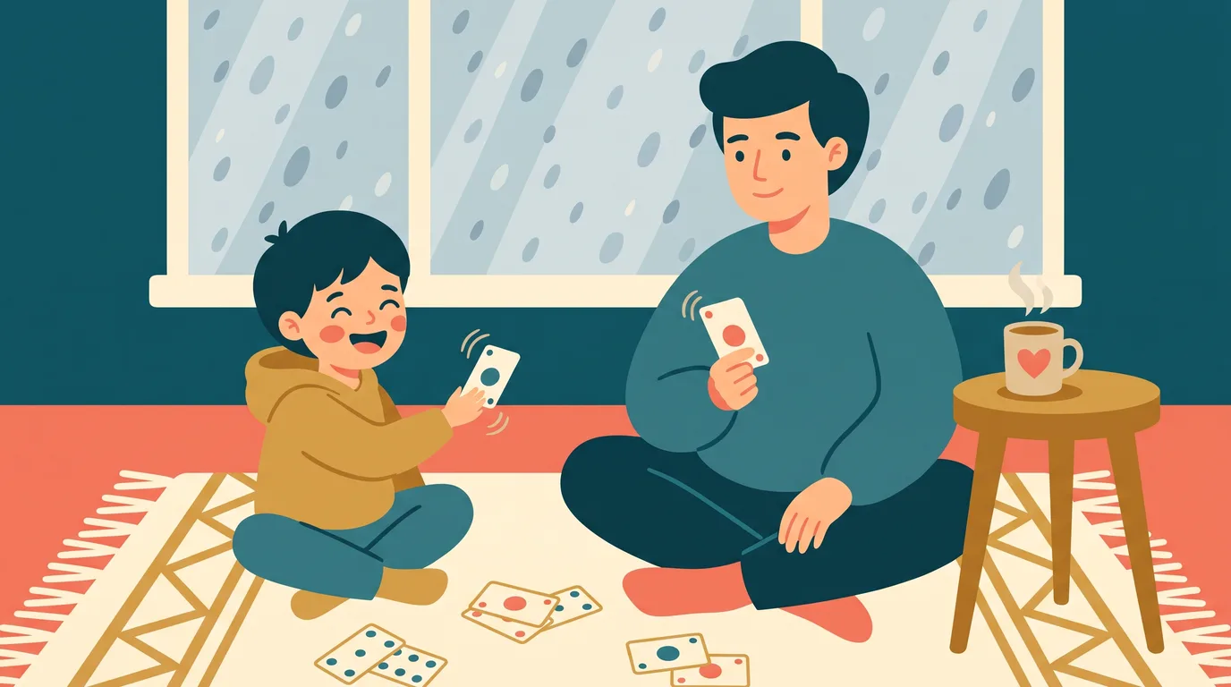 Un parent et un enfant jouent aux cartes sur le tapis du salon pour réviser les tables