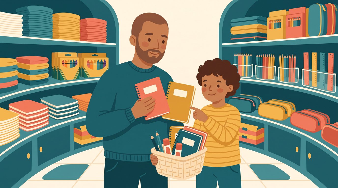 Un parent et son enfant comparent calmement deux cahiers dans le rayon papeterie, un panier de fournitures de rentrée à la main