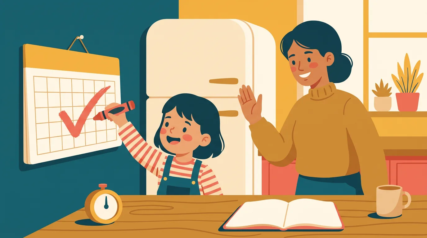 Une enfant coche fièrement une case du calendrier du frigo pendant que sa maman lui tape dans la main