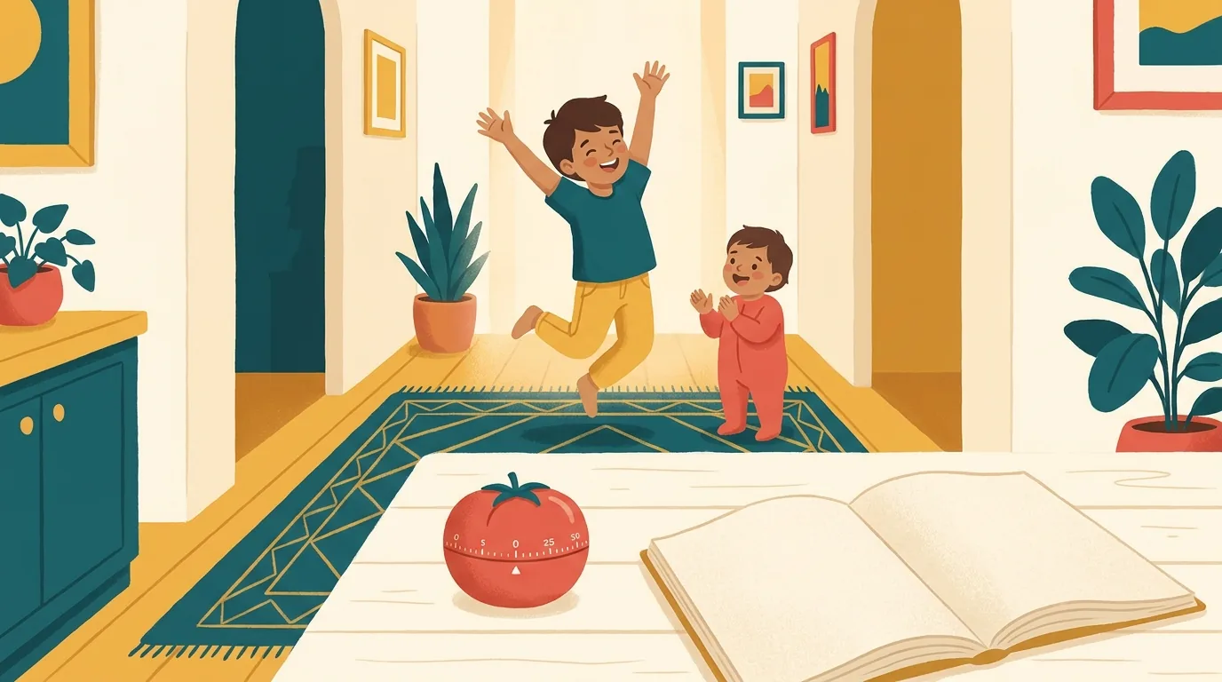 Un enfant saute et s'étire dans le couloir pendant sa pause, le cahier ouvert et le minuteur en forme de tomate restés sur la table au premier plan, son petit frère l'encourage