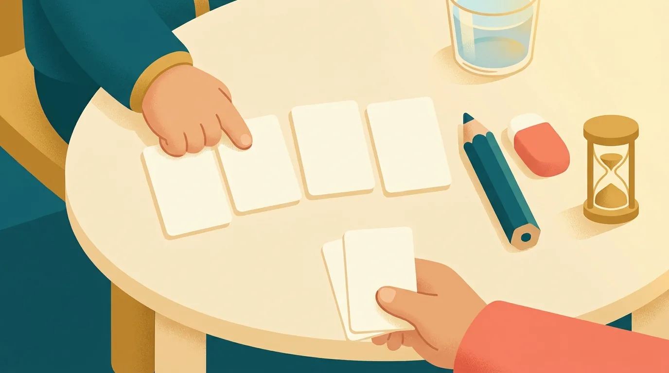 Vue de dessus d'une table ronde : la main d'un enfant fait glisser son doigt sous une rangée de cartes, à côté d'un crayon, d'une gomme et d'un sablier