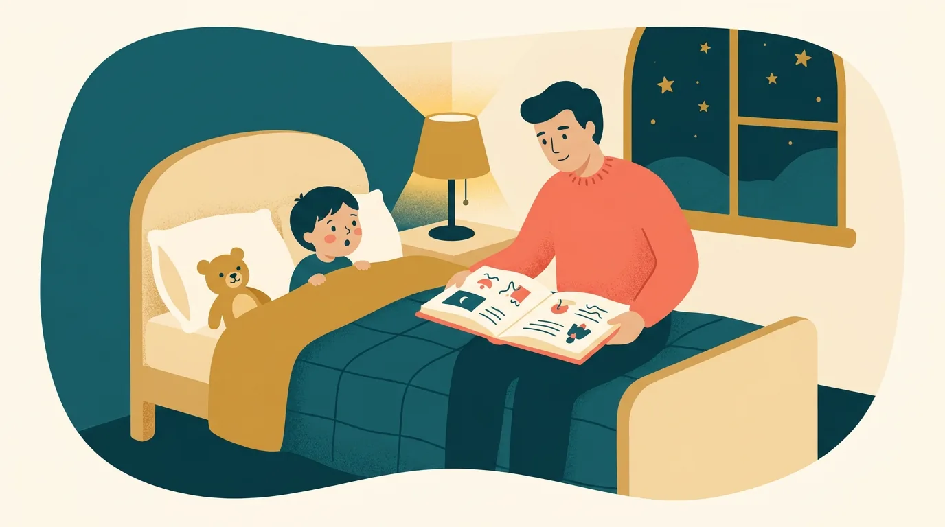 Un père assis au bord du lit lit une histoire à voix haute à son enfant de sept ans, sous la lumière chaude de la lampe de chevet
