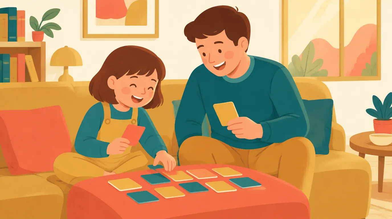 Une fillette de 8 ans et son père jouent à un jeu de paires avec des cartes colorées, assis sur le canapé