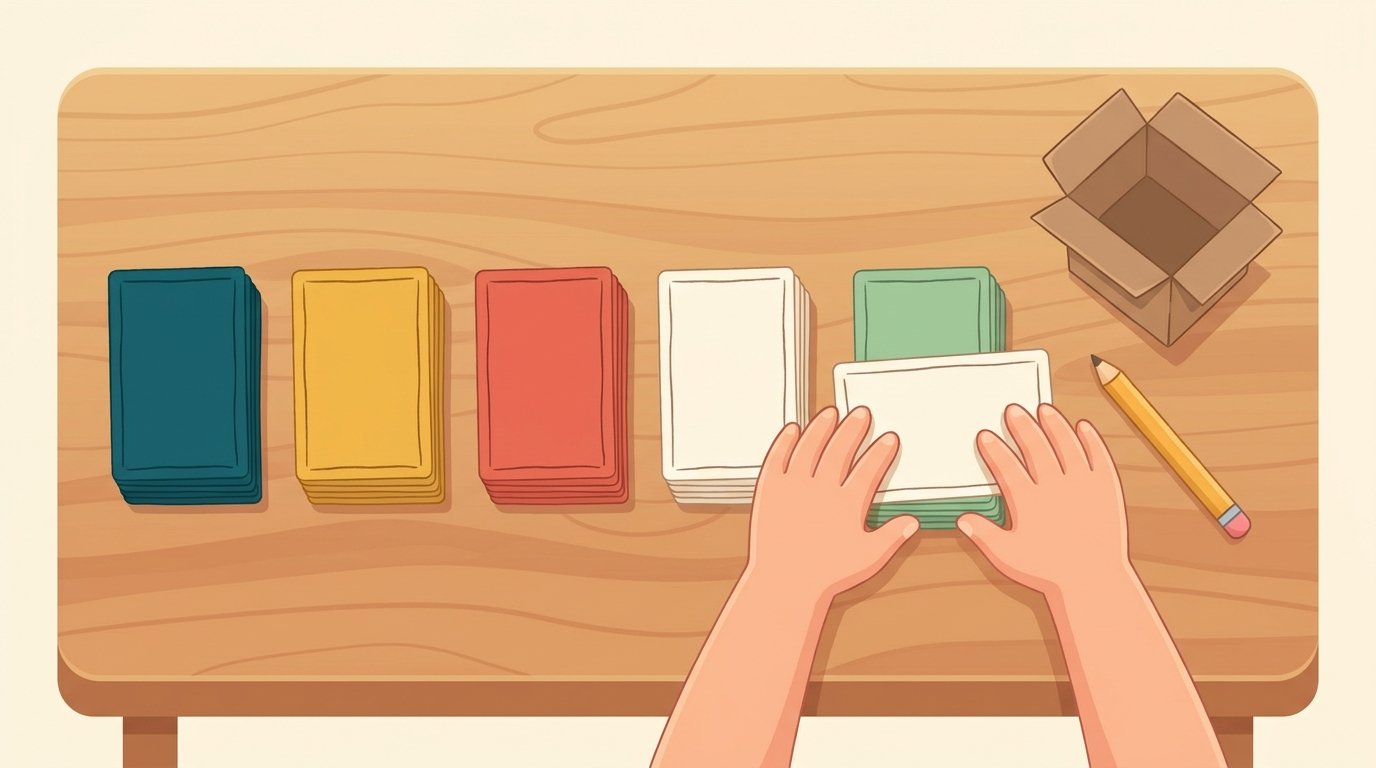 Des petites cartes de verbes irréguliers anglais triées en cinq paquets de couleurs différentes sur une table en bois