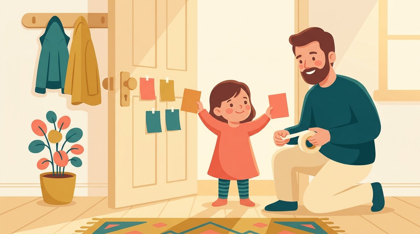 Un père et sa fille collent des petites cartes de faux amis anglais à l'intérieur d'une porte, dans le couloir de la maison