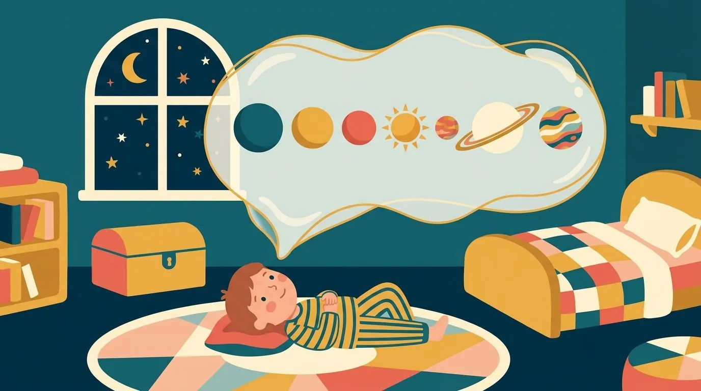 Un enfant imagine l'ordre des planètes dans une bulle de rêve