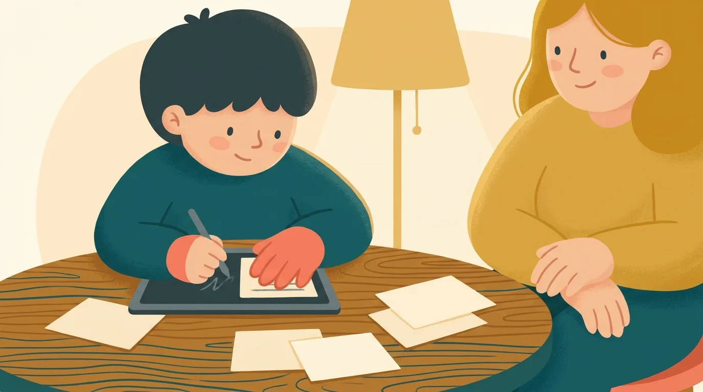 Un enfant cache une carte avec sa main et réécrit le mot de mémoire sur une ardoise, quelques cartes posées sur la table, son parent assis à côté sans se pencher sur lui
