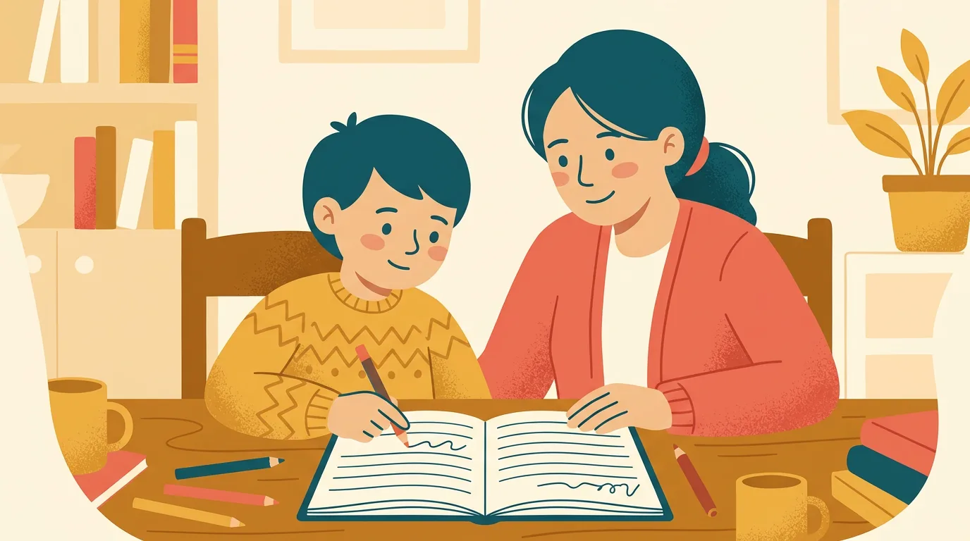 Une mère et son fils penchés ensemble sur le cahier de dictée&nbsp;; l'enfant pointe une ligne avec un crayon de couleur pour chercher lui-même son erreur