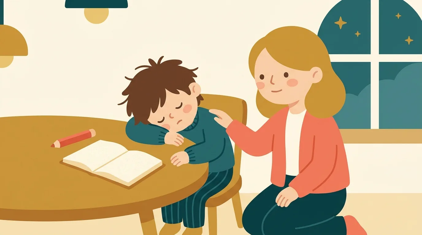 Un enfant fatigué pose la tête sur son bras au-dessus de son cahier ouvert ; son parent s'accroupit à sa hauteur, une main sur son épaule, et lui parle calmement