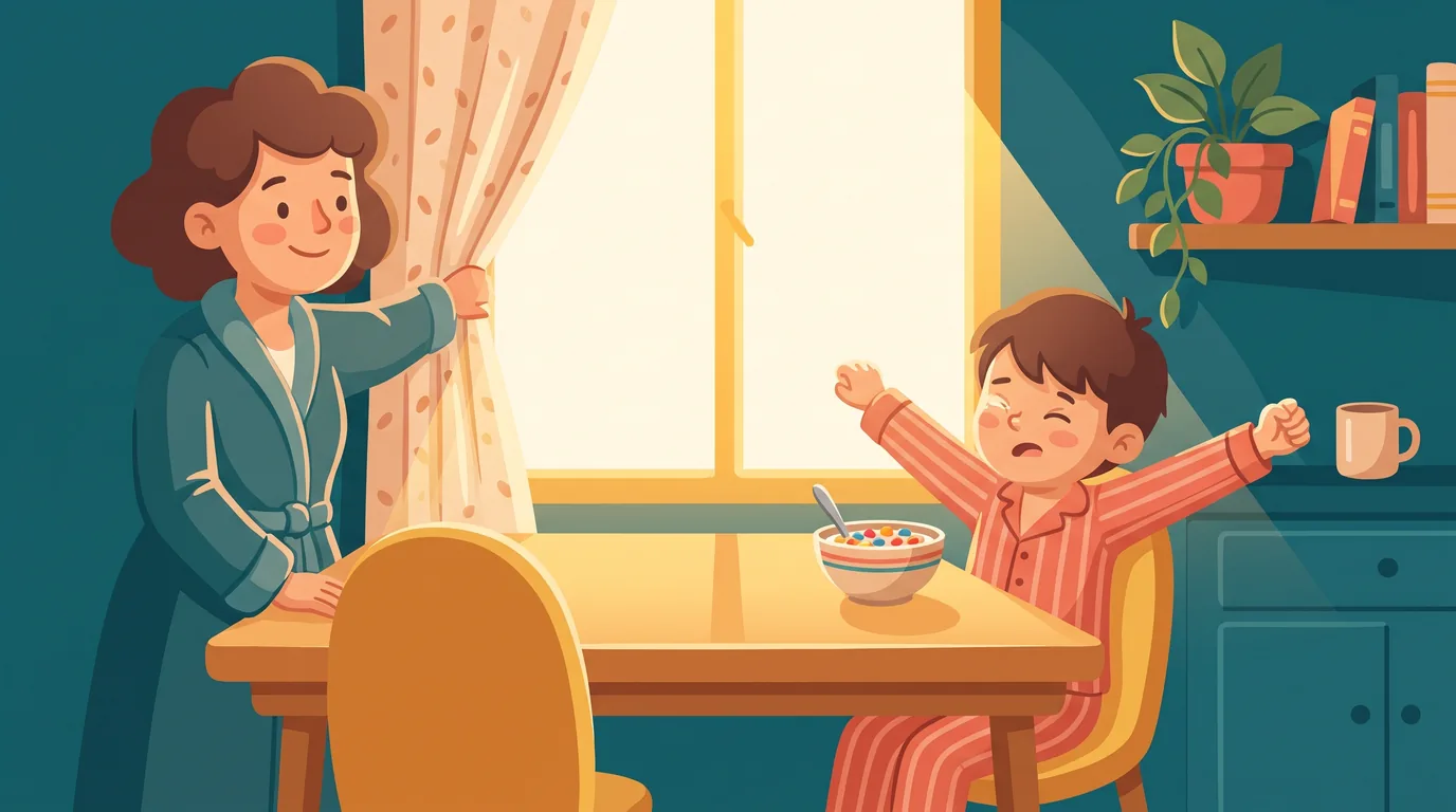 Un parent ouvre les rideaux de la cuisine pendant que son enfant en pyjama s'étire devant son bol de céréales