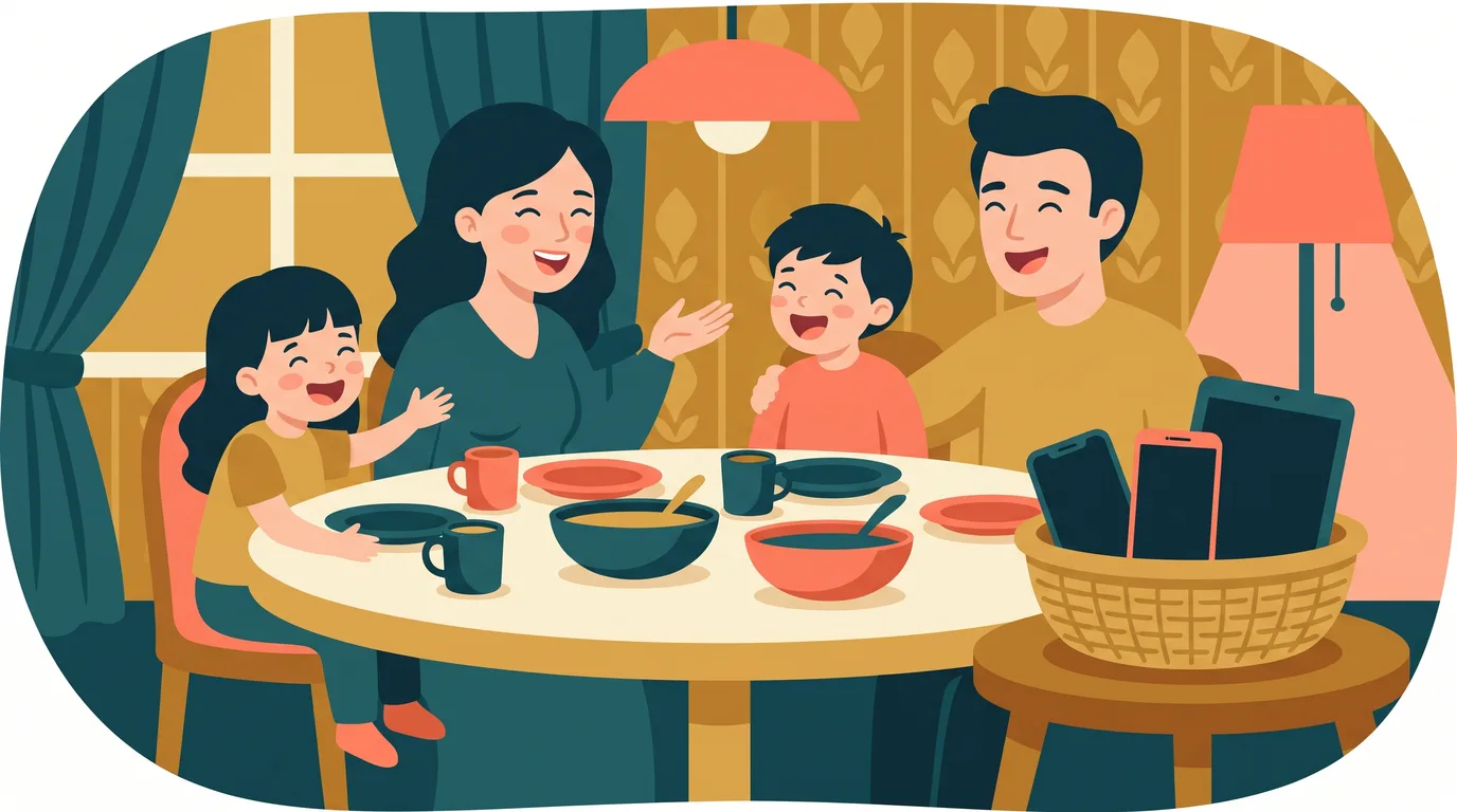 Une famille rit autour du repas, les téléphones et la tablette rangés éteints dans un panier