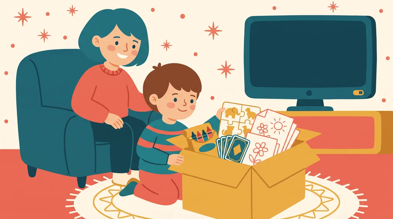 Un enfant ouvre une boîte remplie de crayons, de cartes, d'un puzzle et de fiches à colorier, la télévision éteinte