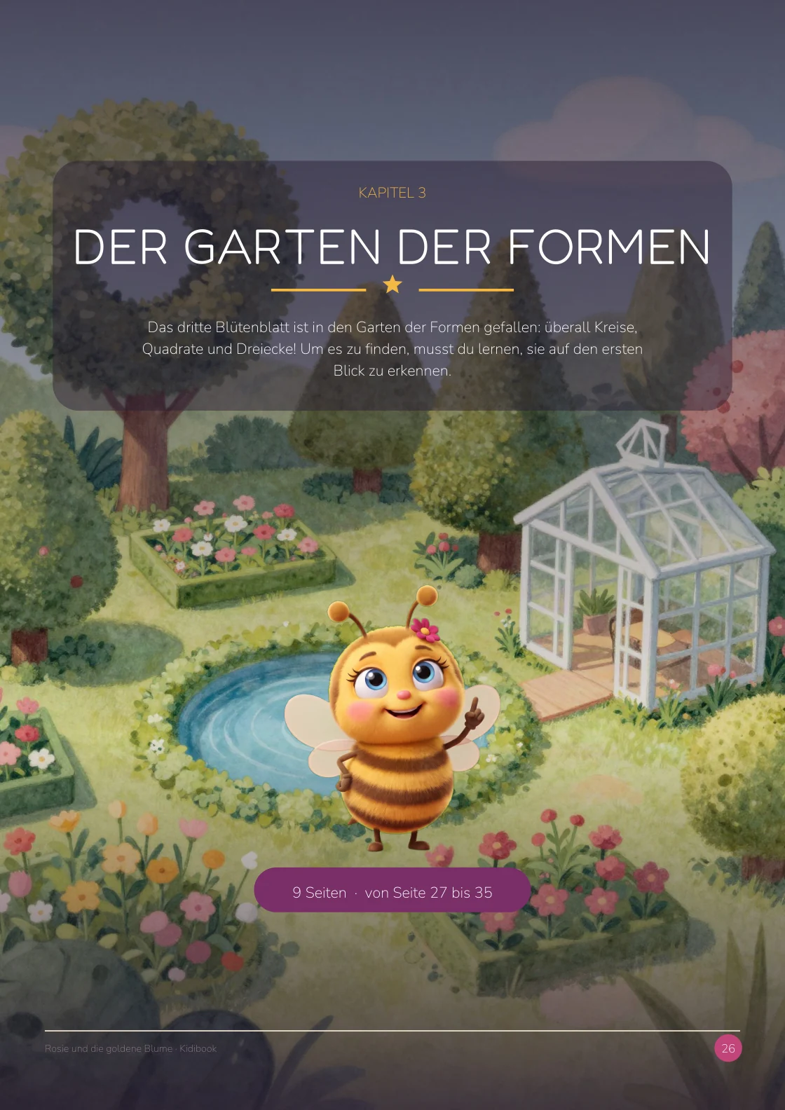 Rosie und die goldene Blume — Kapitel 3, Der Garten der Formen: eine illustrierte Geschichtenseite