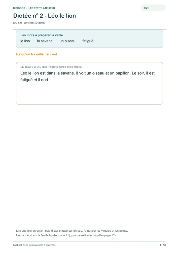 Une dictée CE1 à imprimer avec ses mots à préparer